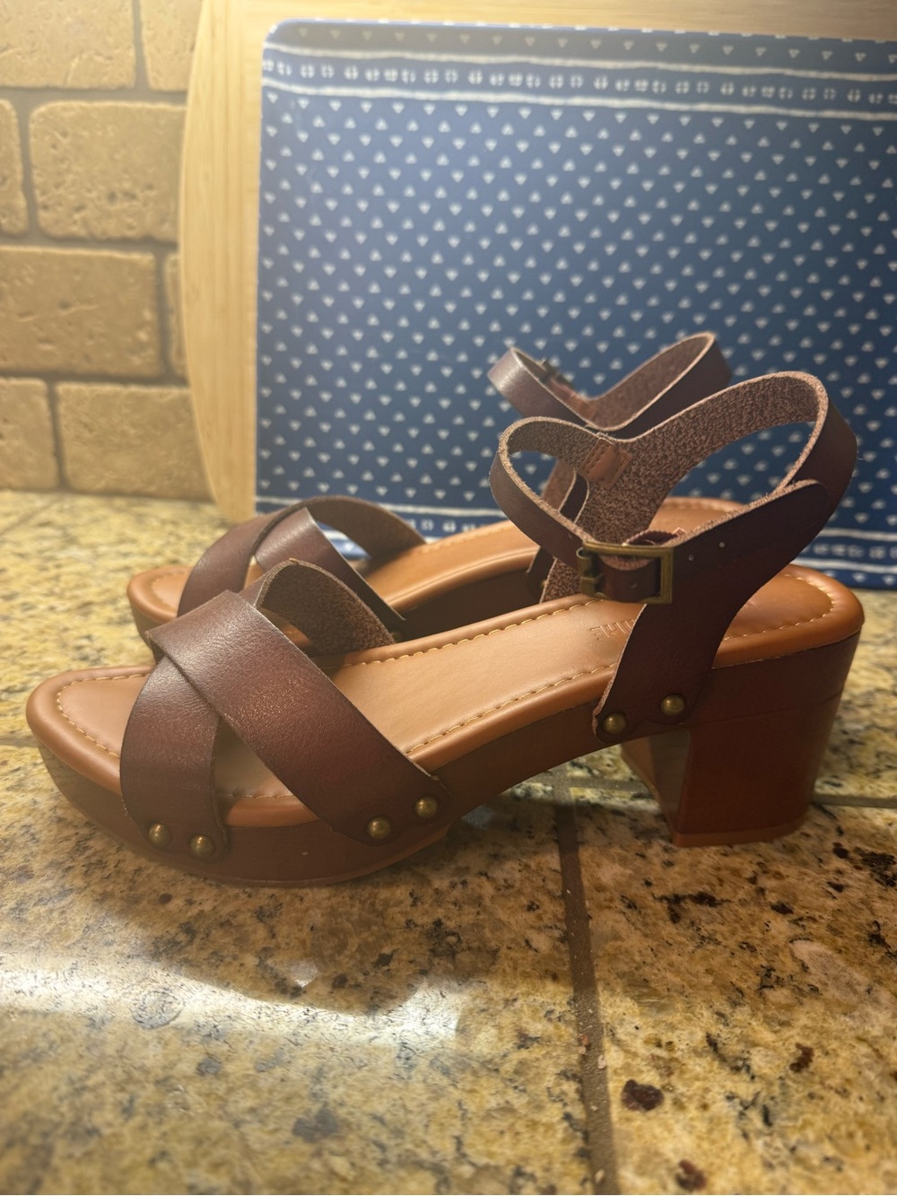 Women’s Brown Leather Strappy Block Heel Sandals with Ankle Buckle